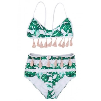 White Tropical Print Tassel High Waist Bikini